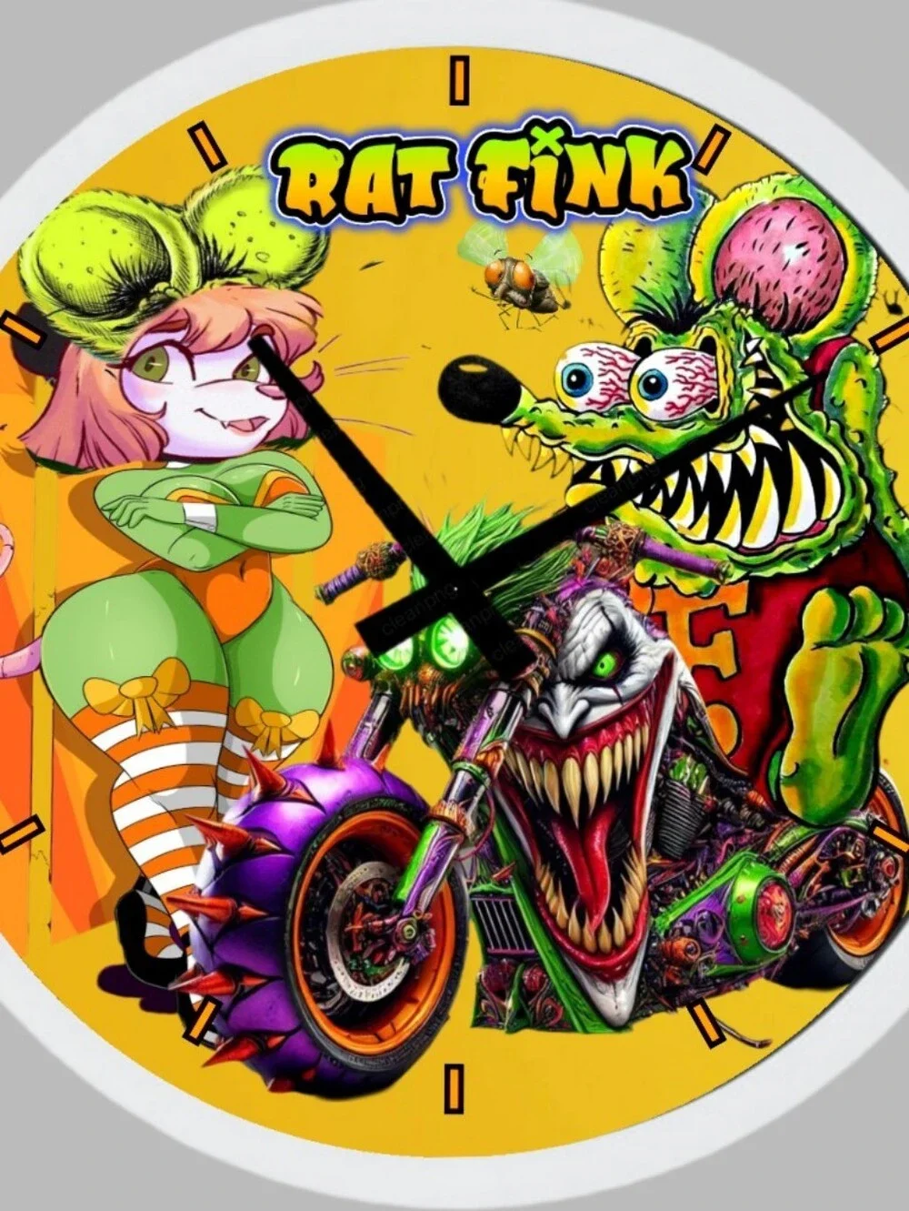 Rat Fink Graphic Wall Art Clock - Yellow Green Purple